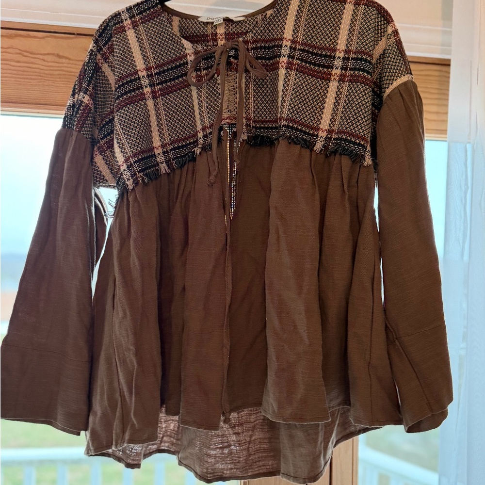 Plaid and Brown Long Sleeve Top
